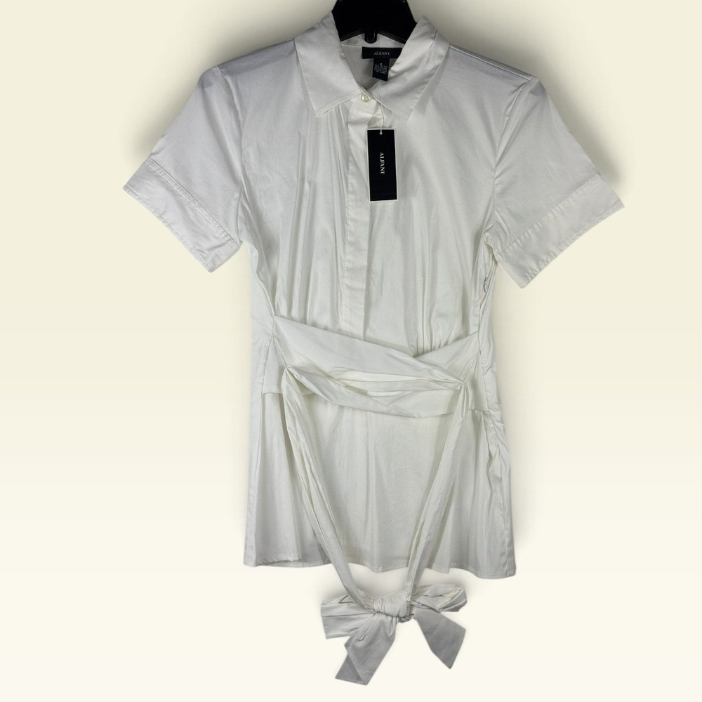 Alfani Copenhagen Button Down Shirt Women 6 White Short Sleeve Tie Waist NEW